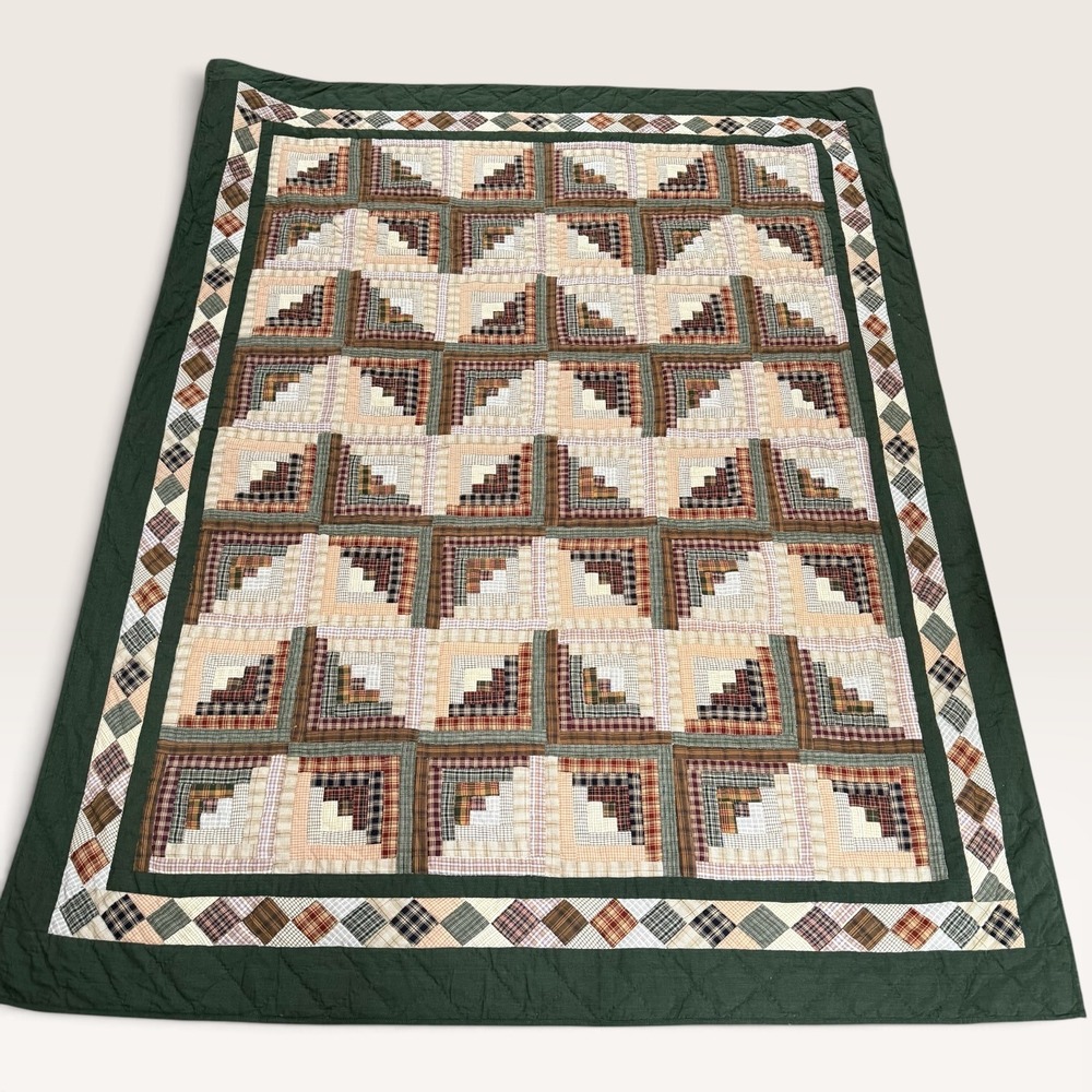 Patch Magic Log Cabin Patchwork Quilt 85x65 Green Plaid Cotton Wall Hanging